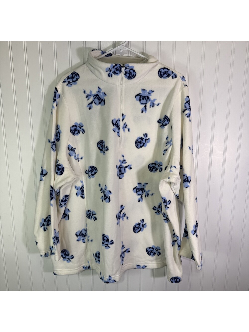 Lands’ End Anyweather Fleece Quarter Zip Pullover Ivory Blue Floral Plus Size 3X